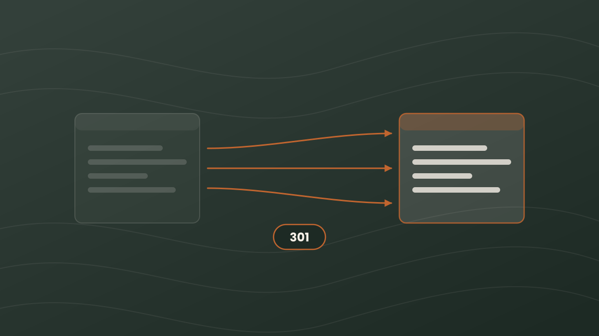 Dos versiones de un sitio web unidas por tres flechas naranjas y una etiqueta 301, ilustración del mapa de redirecciones de una migración